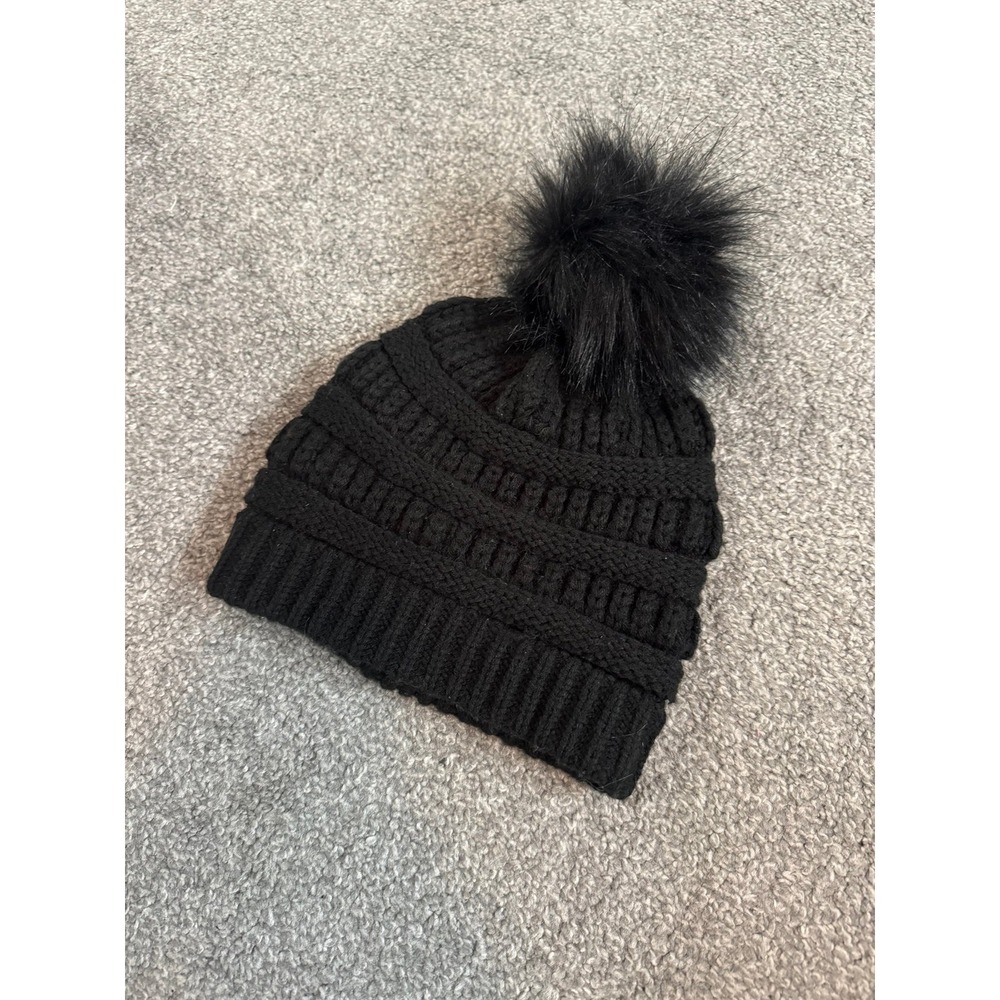 Black Winter Knit Beanie Hat with Faux Fur Pom Pom Cable Knit One Size